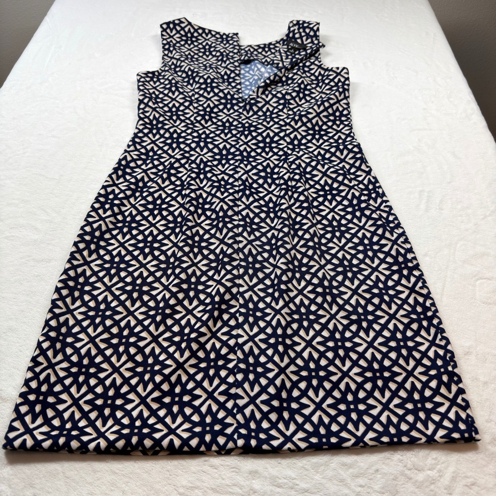 ALYX Sheath Dress Womens Size 8 Navy‎ Blue Cream Geometric Lattice Good 0308J41 - Picture 7 of 10